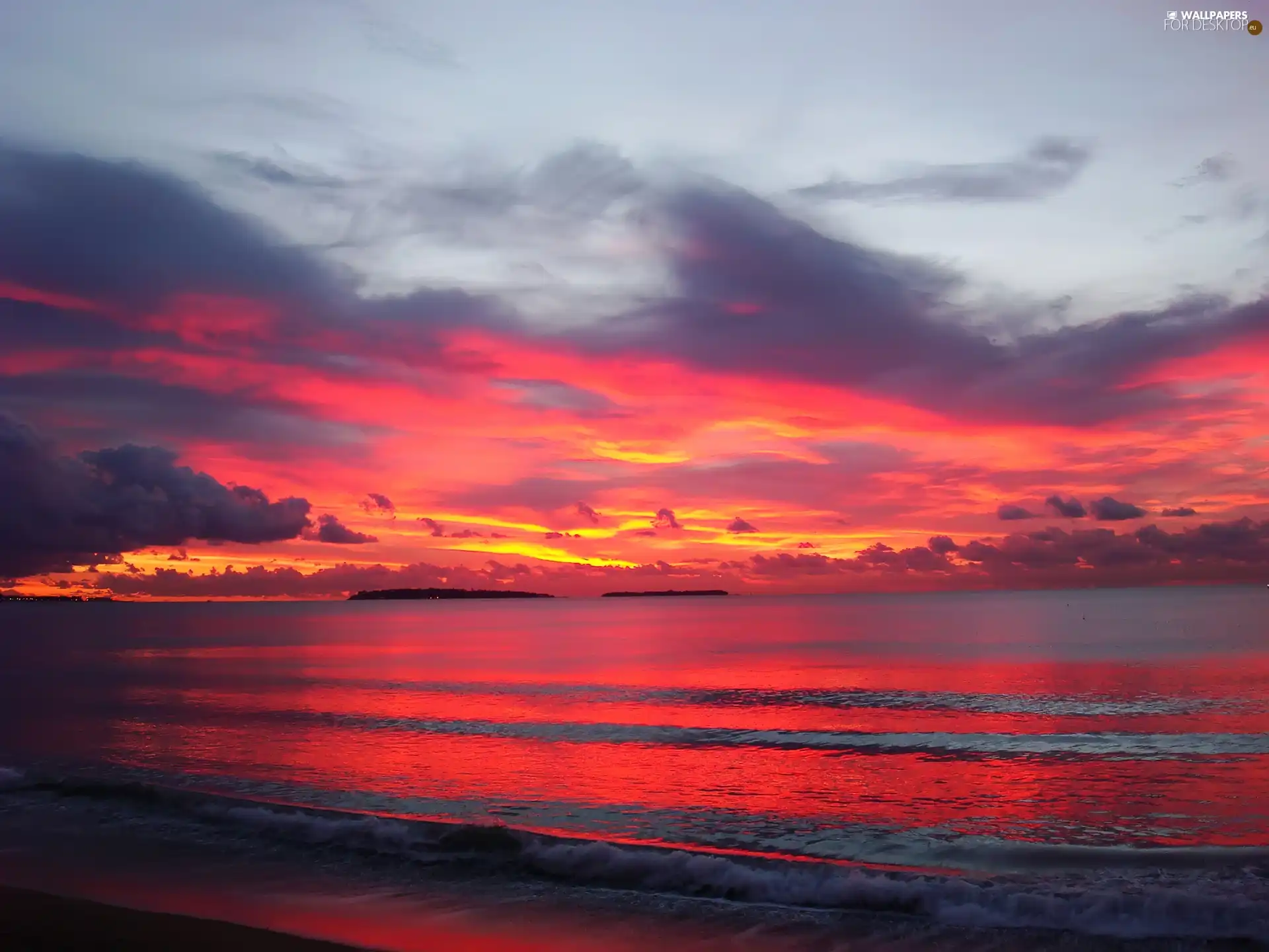 west, sun, clouds, Violet, sea