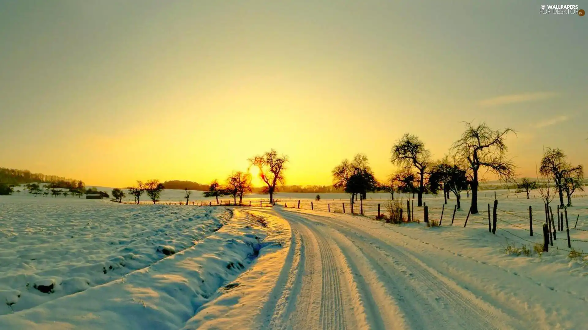 west, sun, Way, field, snow