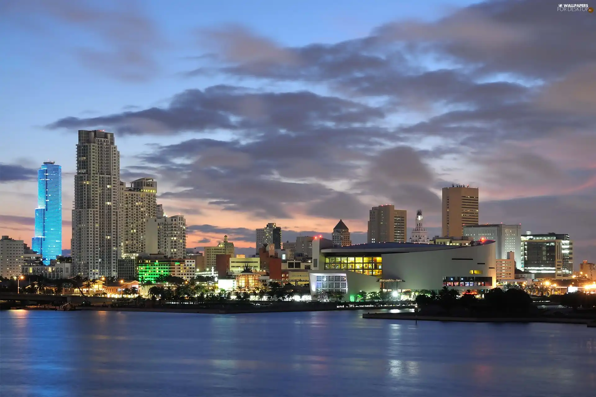 Sky, skyscrapers, sun, illuminated, Town, west, water