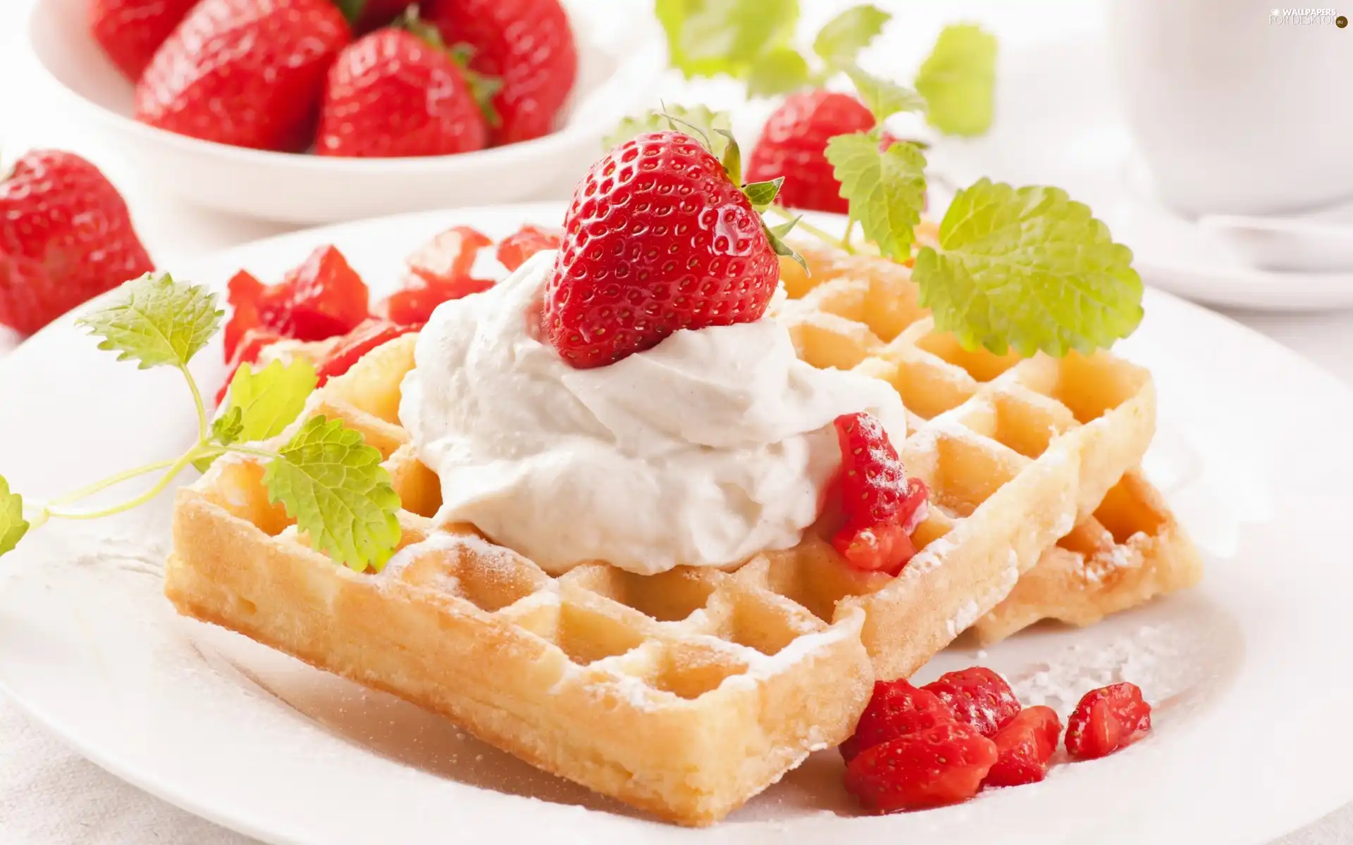 Whipped cream, strawberries, waffles, whipped, dessert