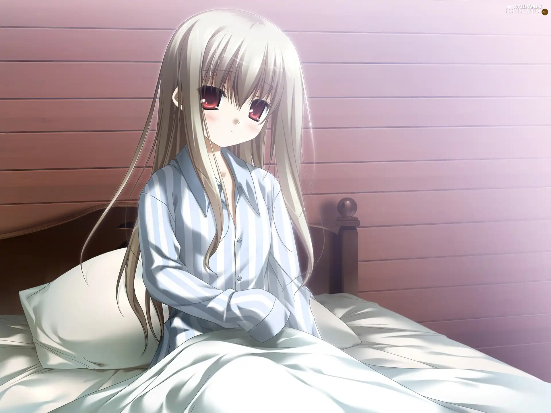 Anime, girl, White Bed