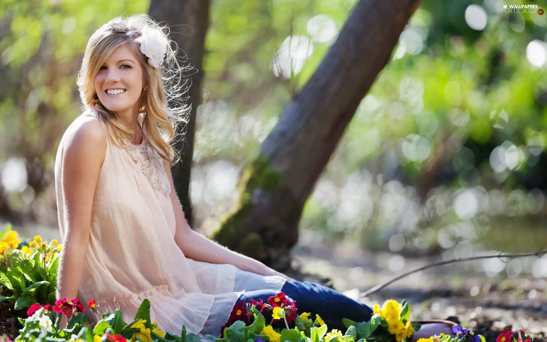 trees, Women, White, Dress, Flowers, Smile