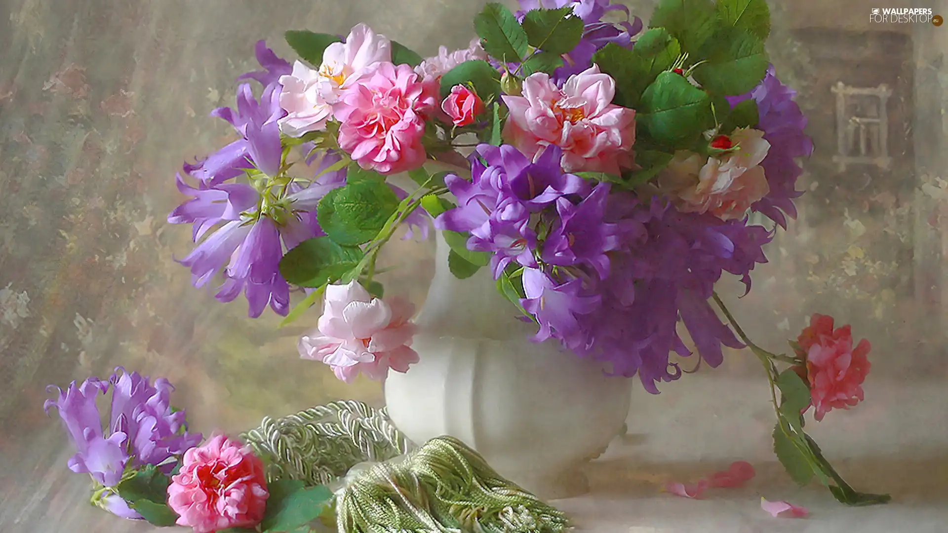 violet, bouquet, White, pitcher, flowers, pink