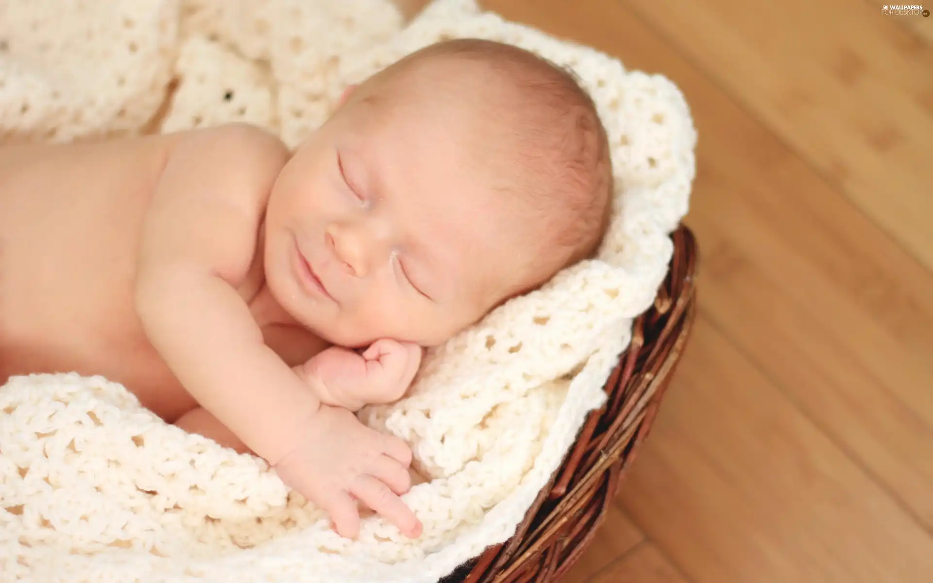 White, shawl, Baby, basket, Sleeping