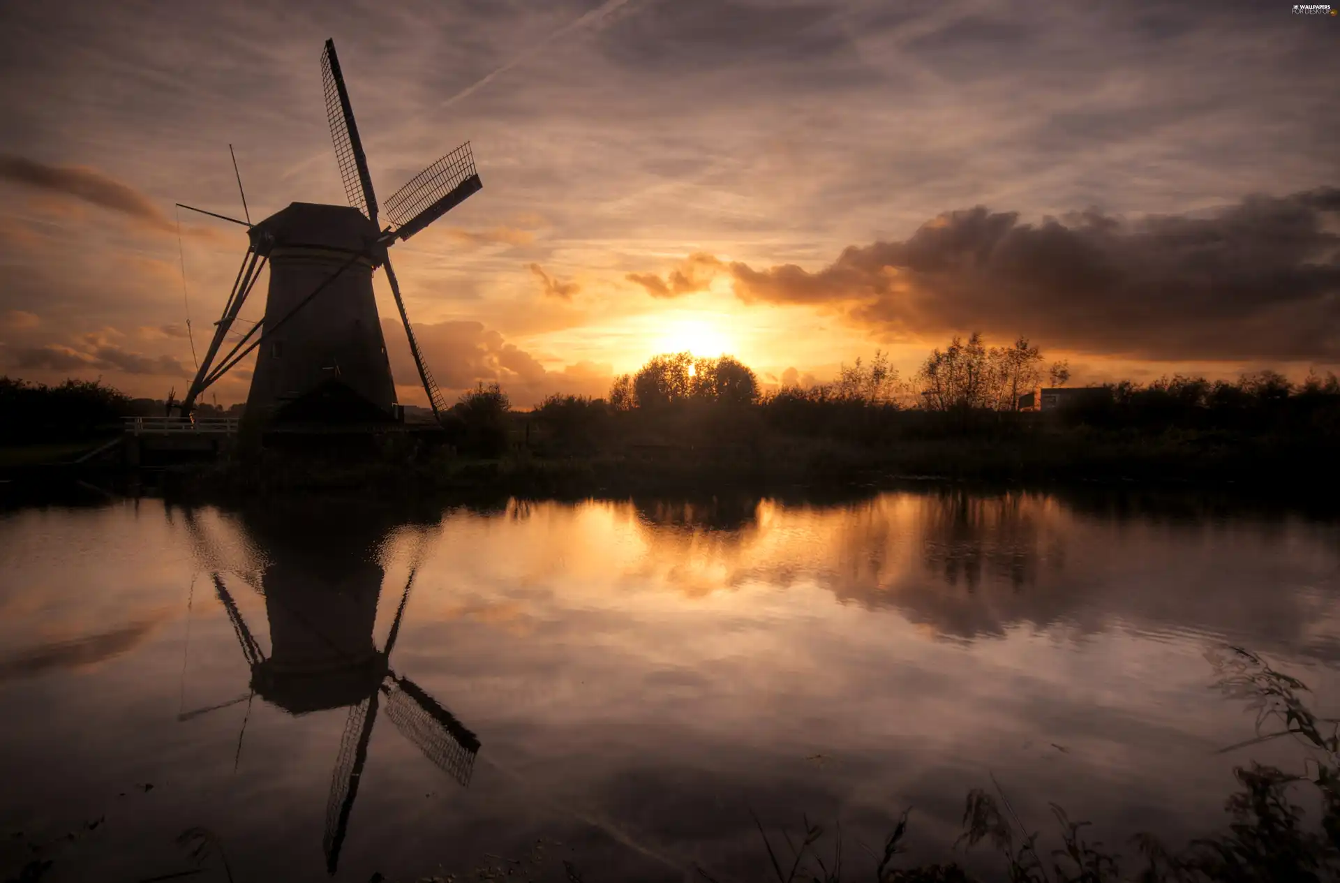 west, lake, Windmill, sun