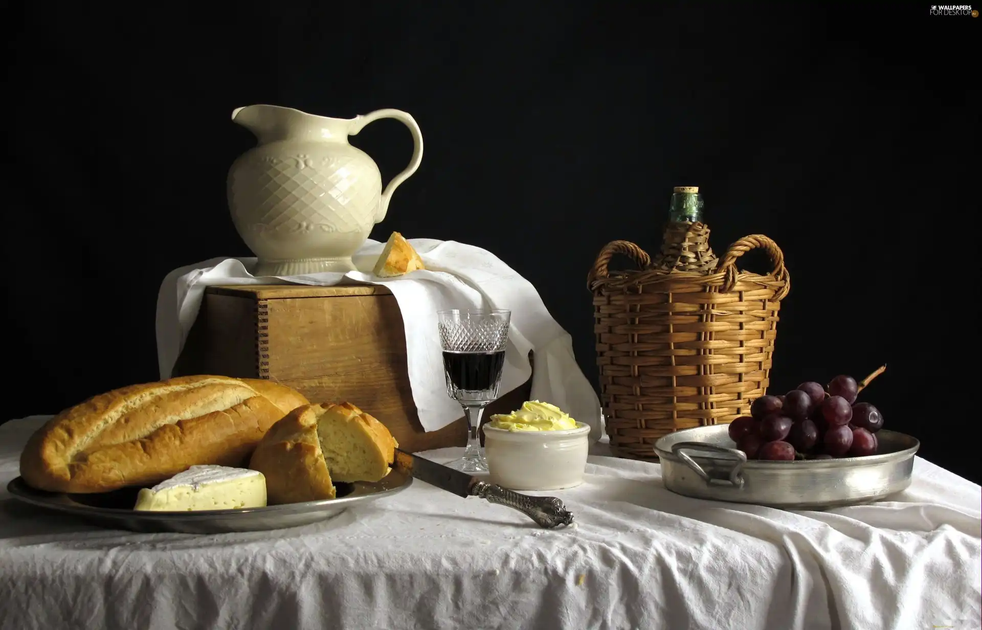 bread, Grapes, Wine, butter