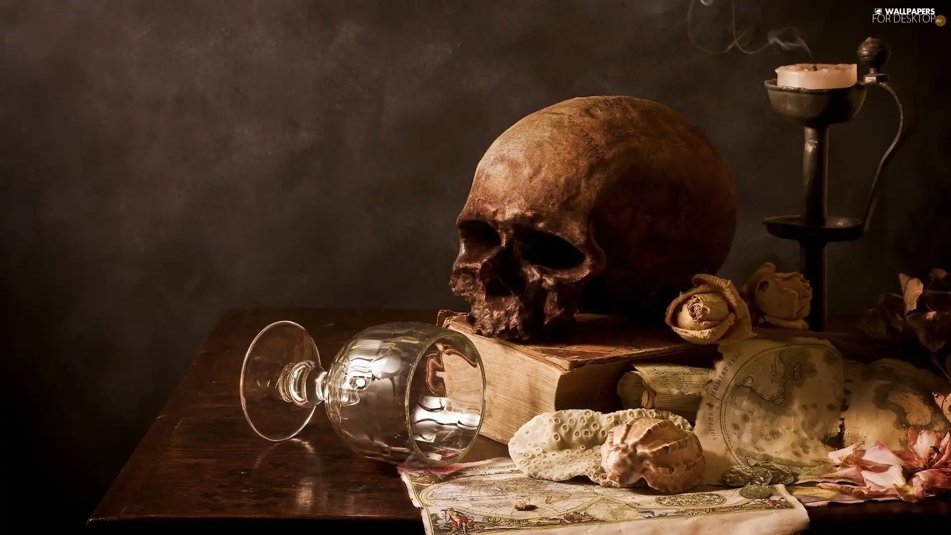 composition, wine glass, candle, skull