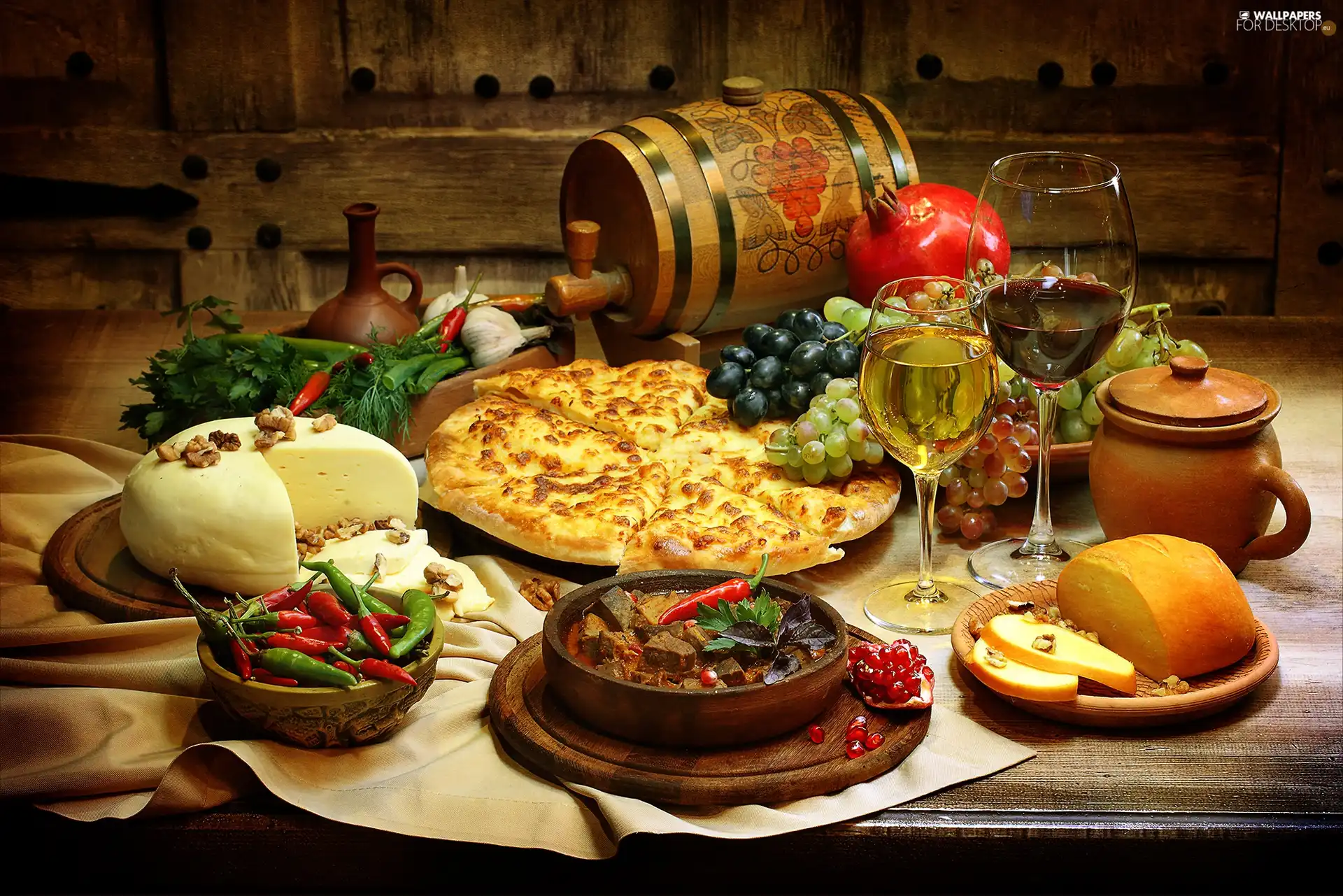 Wine, Laid, pizza, barrel, Cheese, feast, Table, Grapes, glasses, Chilies