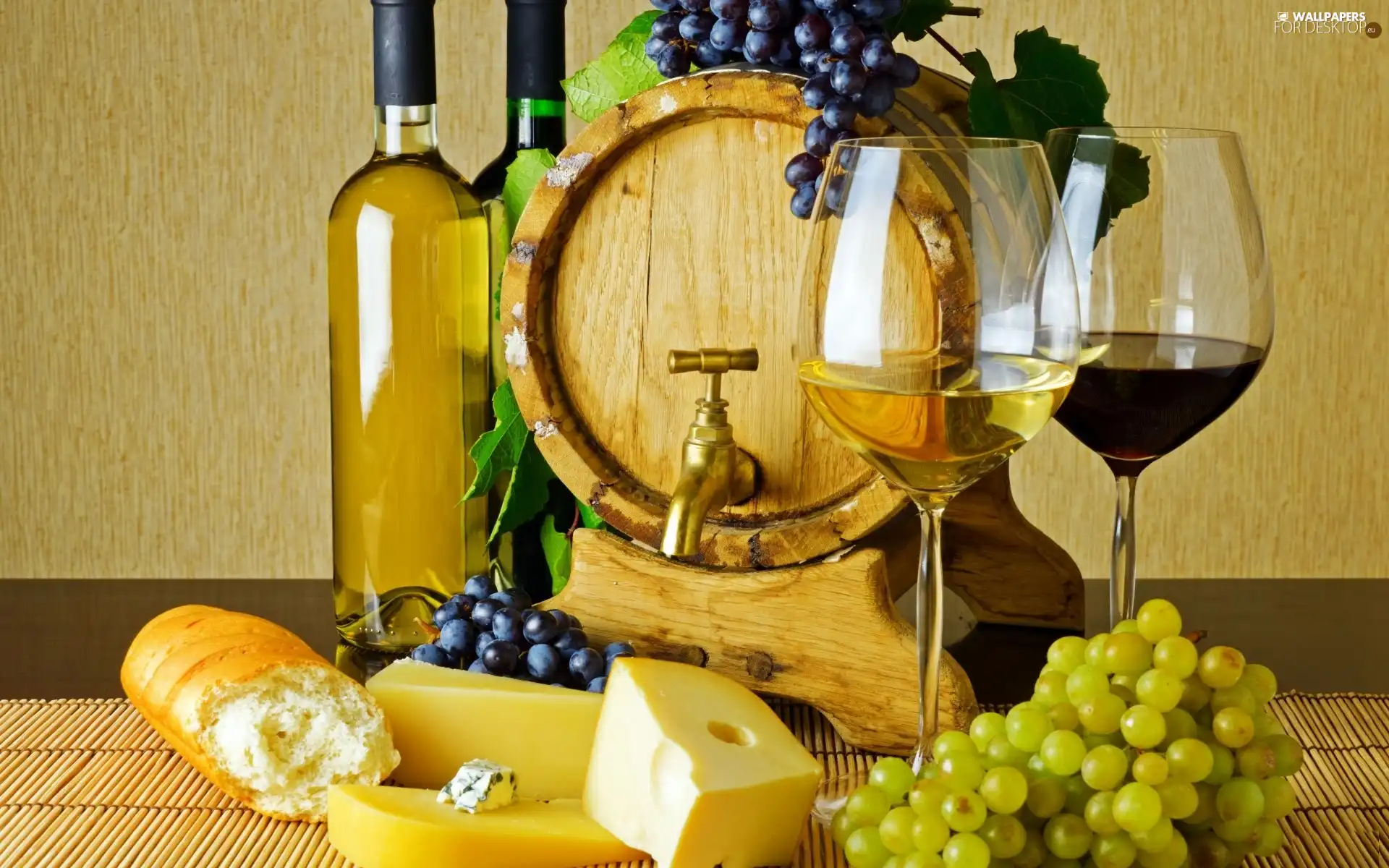 Wine, Grapes, Bottles, glasses, barrel