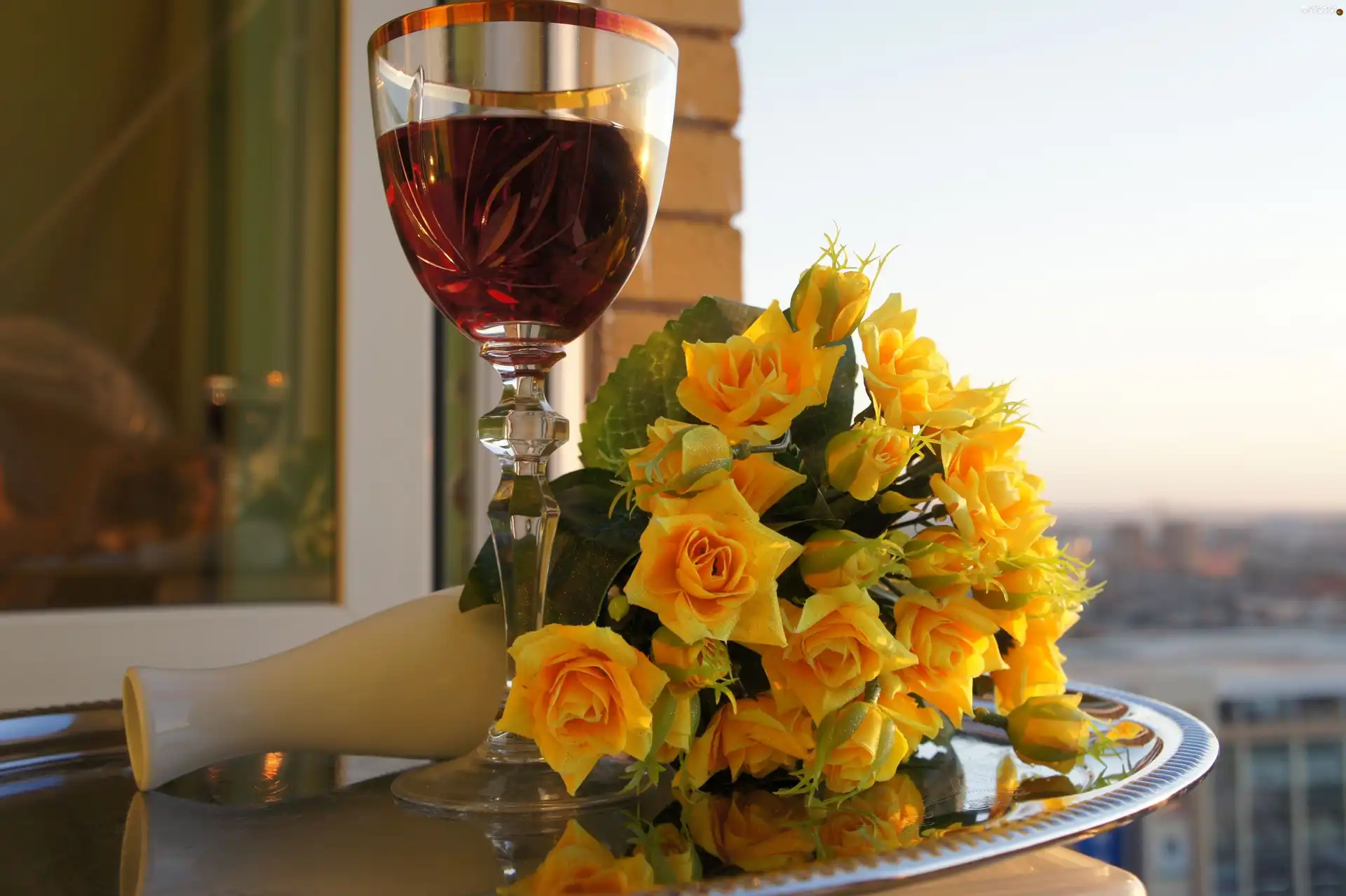 Yellow, wine glass, Wines, roses