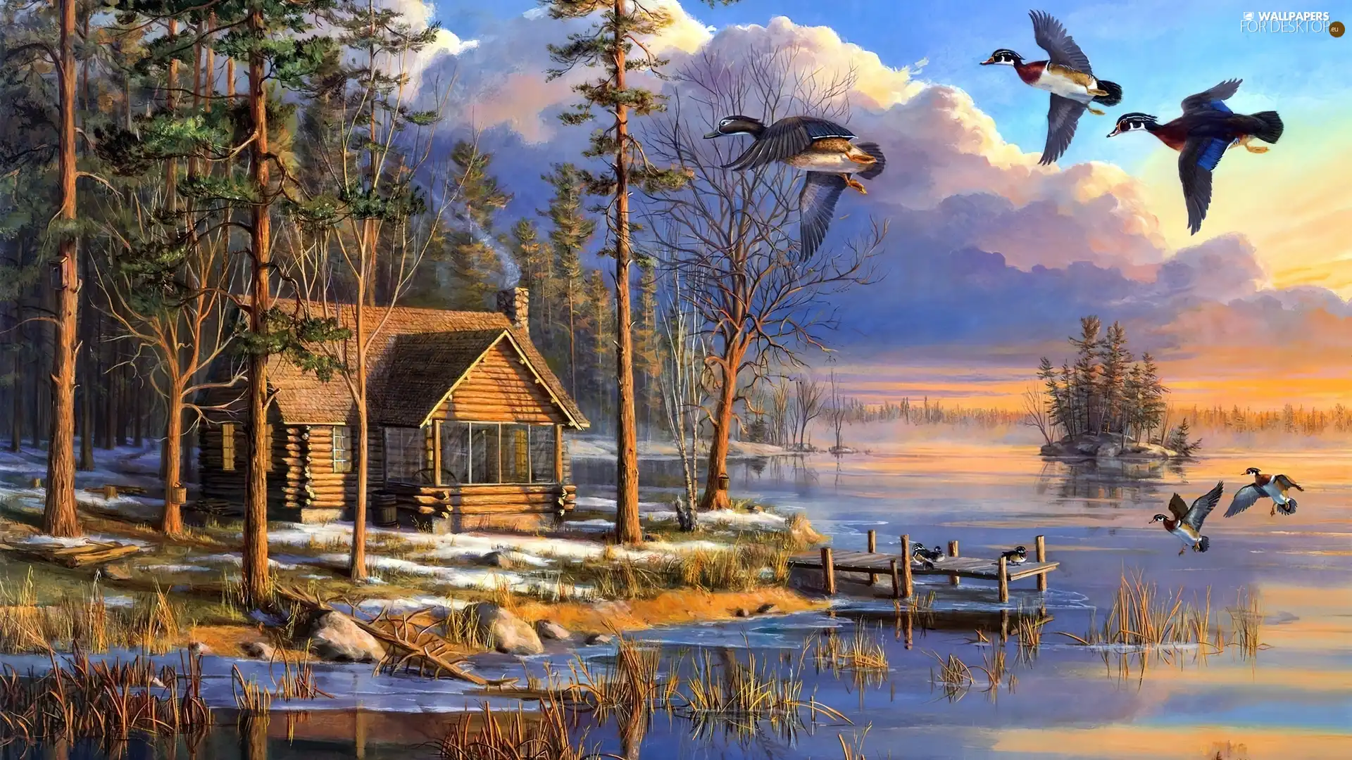 forest, lake, ducks, Mary Pettis, winter, Home