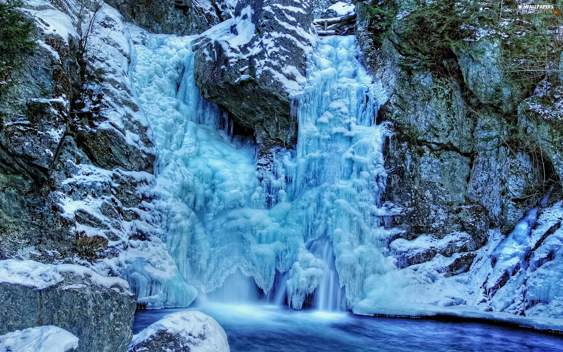 frozen, rocks, winter, waterfall