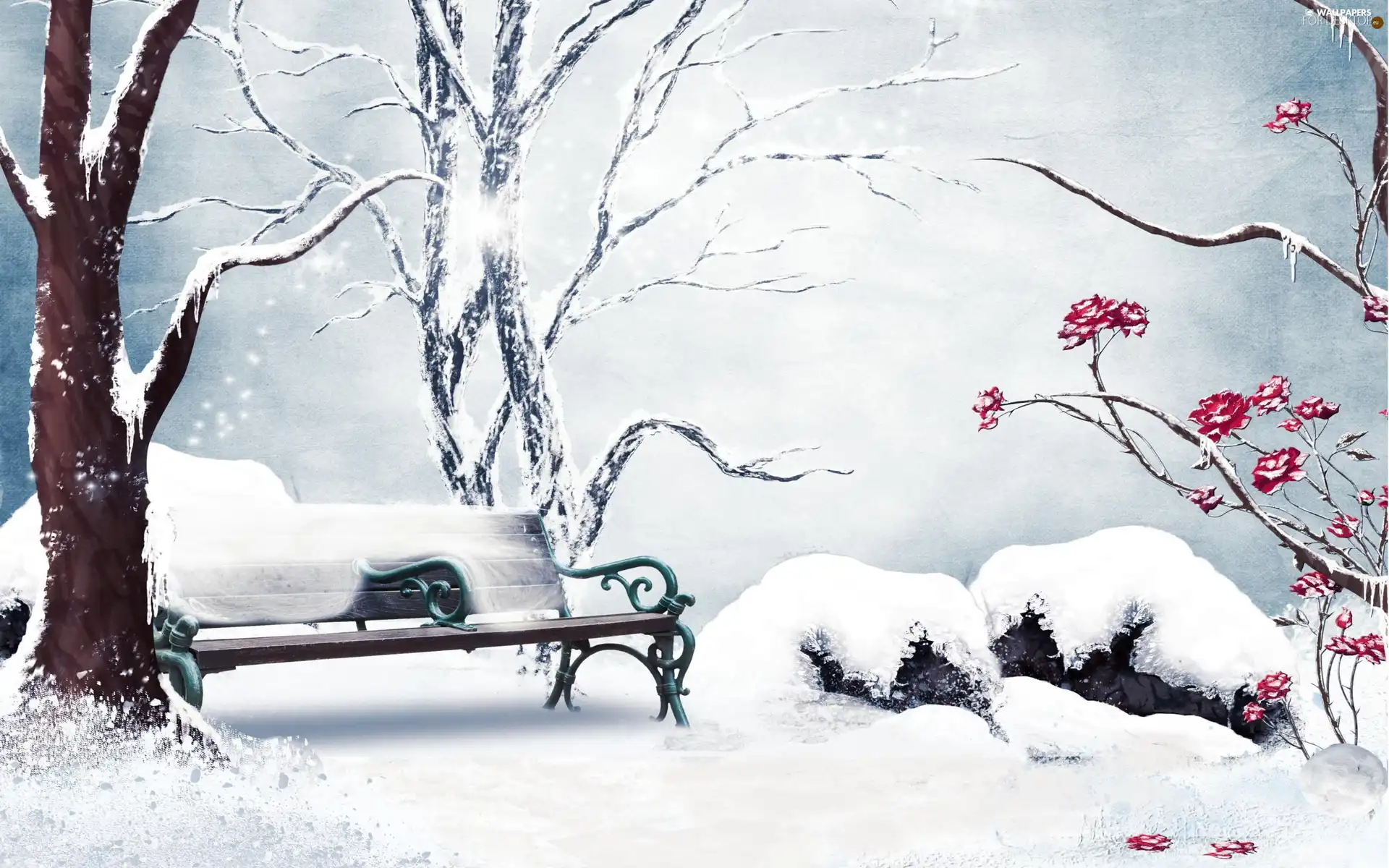 winter, graphics, trees, viewes, Bench