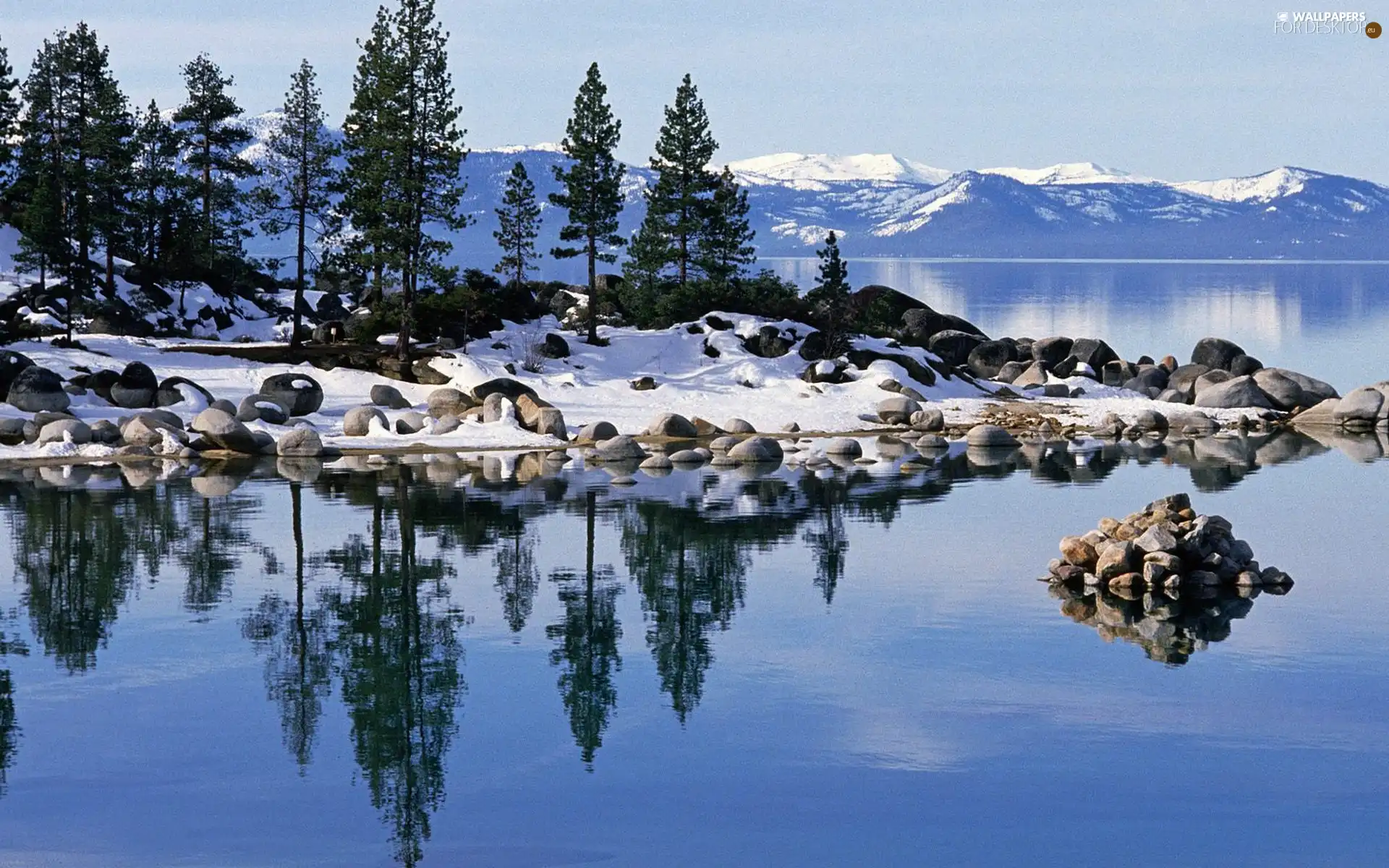 lake, Stones, winter, Mountains