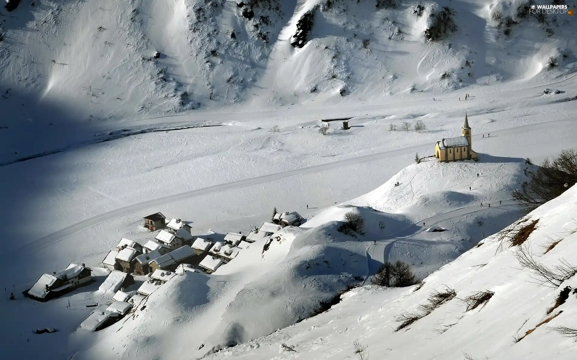 Mountains, snow, winter, Houses