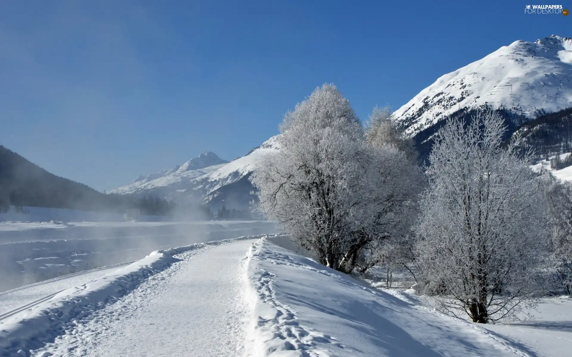 River, Way, winter, Mountains