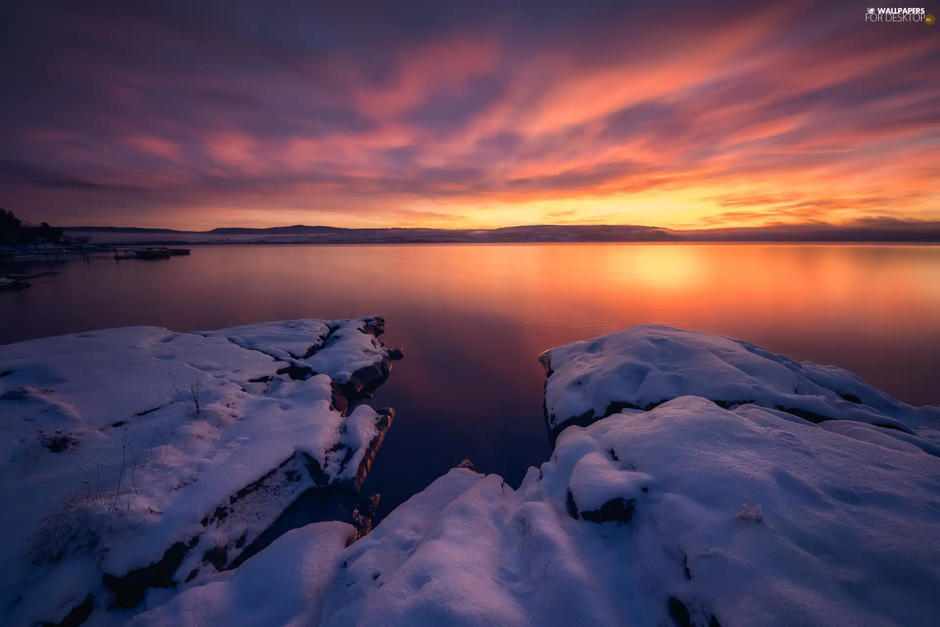 winter, Lake Tyrifjorden, clouds, Stones, Norway, snow, Great Sunsets