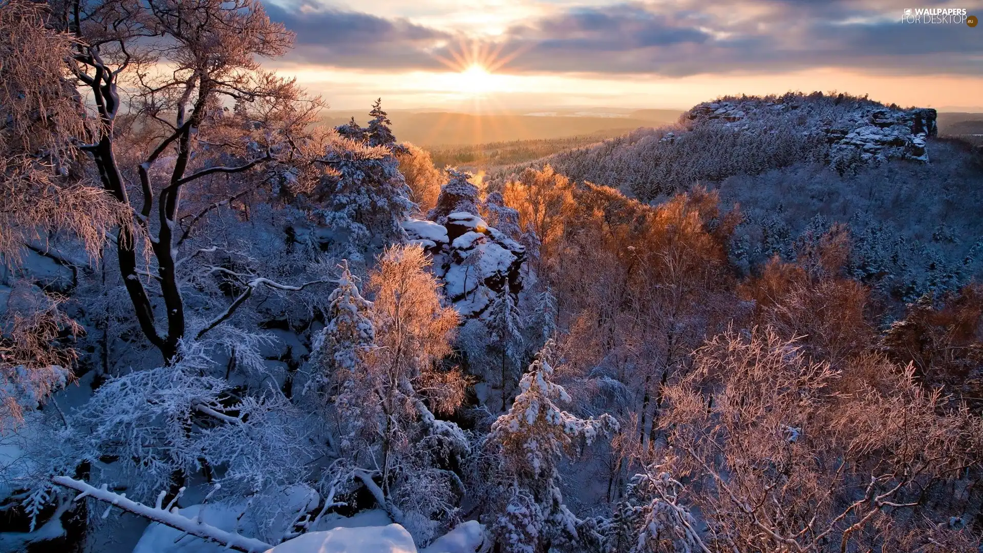 winter, trees, rays of the Sun, viewes, Mountains, snow, rocks