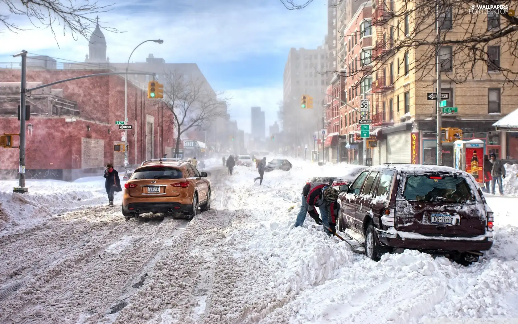 Street, cars, winter, Houses