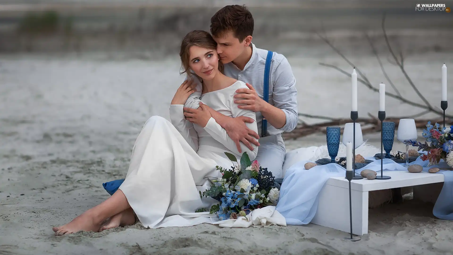 Women, a man, Steam, love, Candles, glasses, Sand, bouquet, Beaches