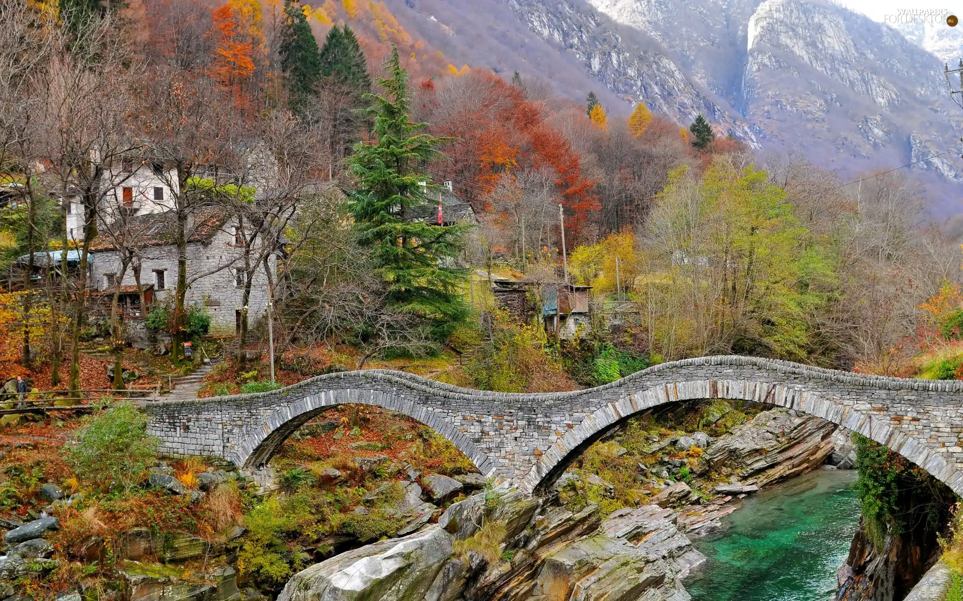 woods, autumn, bridge, Mountains, River