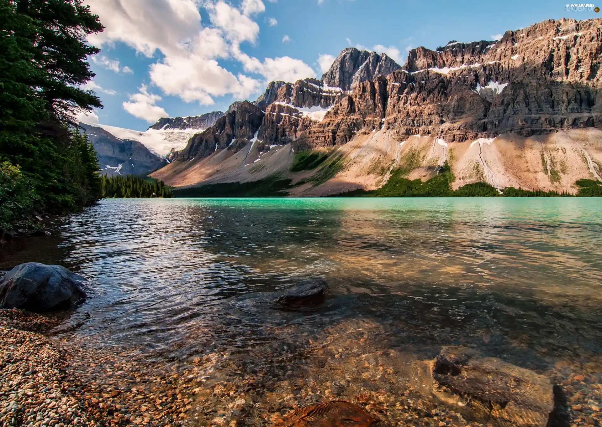 clouds, lake, woods, Mountains