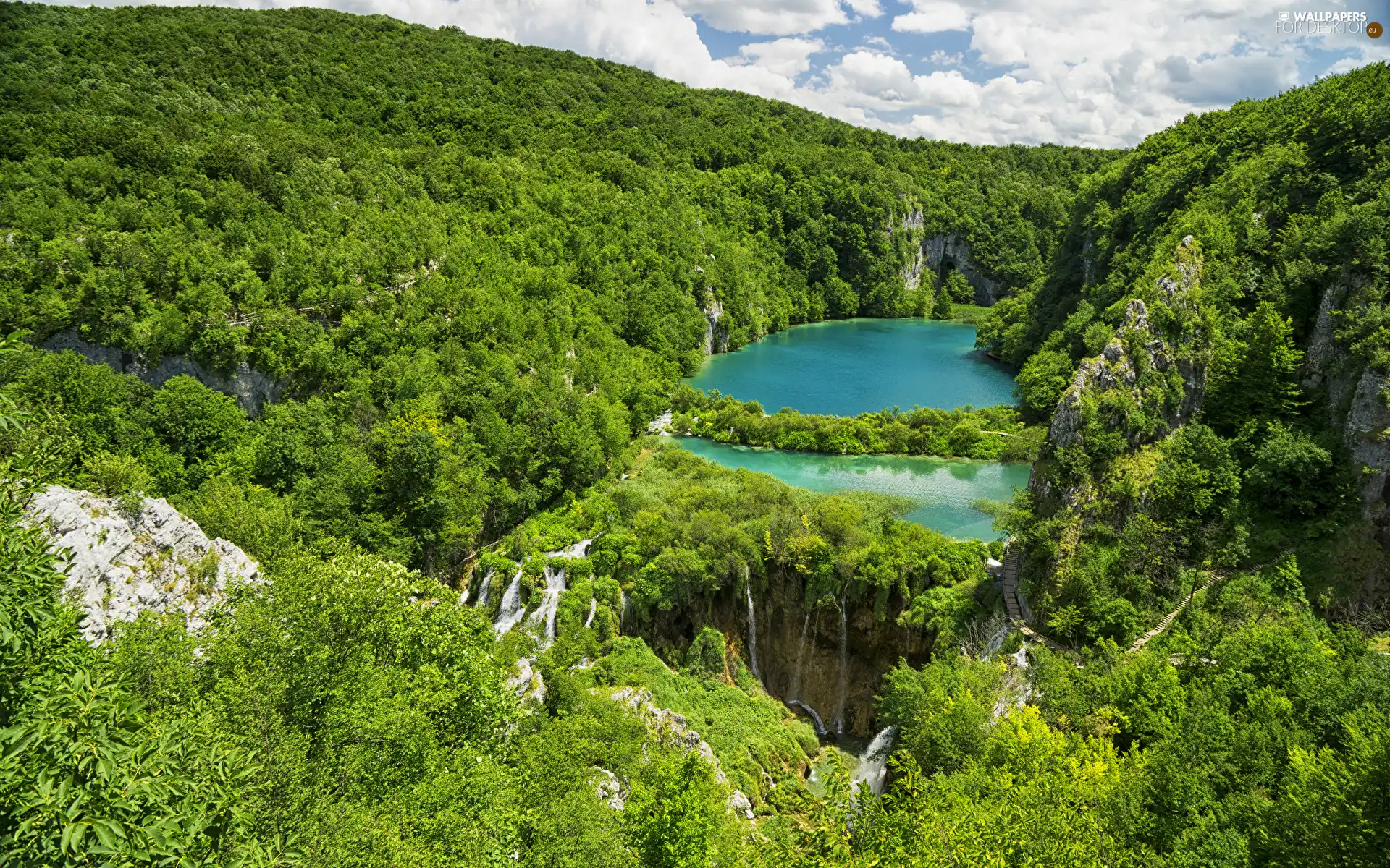 waterfalls, Plitvice Lakes National Park, lakes, trees, clouds, Coartia, woods, green, viewes