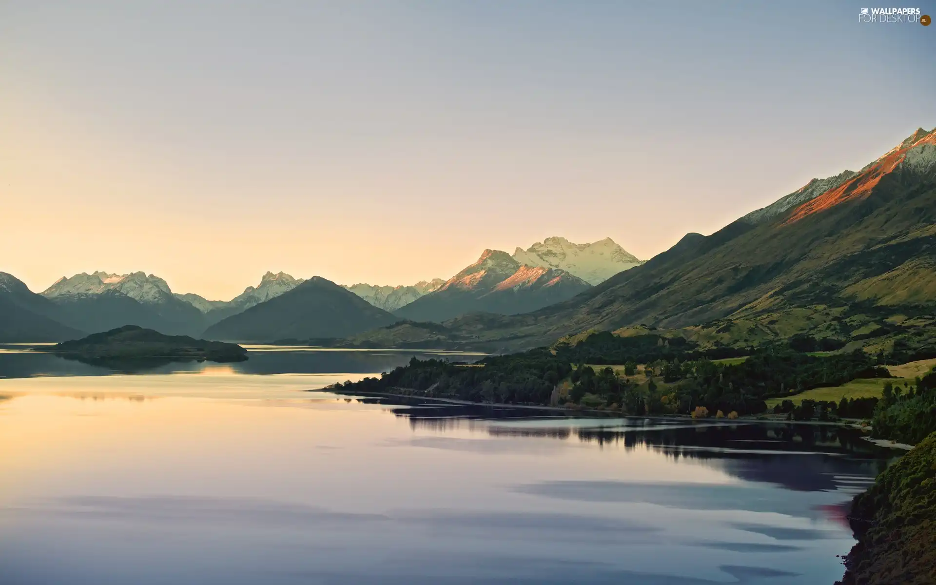 woods, lake, Mountains