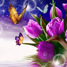 3D, Vectorial, Tulips, butterflies, purple