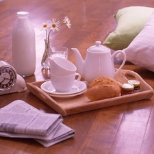 alarm clock, pillows, White, china, breakfast, milk
