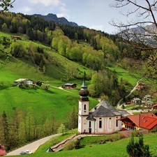 viewes, Sanctuary of Maria Gern, Salzburg Slate Alps, Bavaria, woods, Church, Mountains, Germany, Berchtesgaden, trees