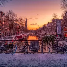 Amsterdam, Netherlands, canal, Houses, viewes, winter, Bikes, trees, Sunrise