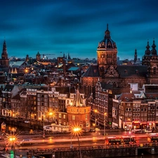 Night, Churches, panorama, Streets, Houses, Amsterdam, town