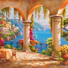 Flowers, terrace, an, sea, View, table