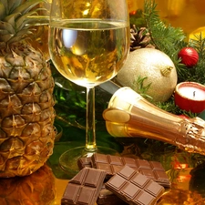 ananas, Champagne, New, year, chocolate, wine glass