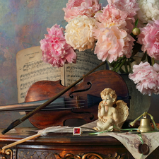 angel, Peonies, violin, Ring, Tunes, composition, Vase, table, flute, figure