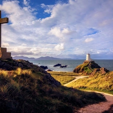 sea, Cross, Llanddwyn Anglesey, wales, Island, Lighthouses