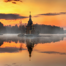 Cerkiew, Vuoksi River, St. Andrew the Apostle Catholic Church, Fog, Kaliningrad Oblast, Russia, viewes, Sunrise, trees