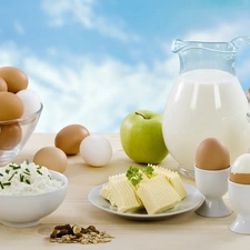 butter, eggs, Muesli, breakfast, Apple, milk