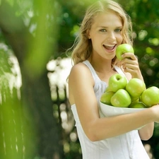 girl, summer, apples, blur, orchard, Beauty