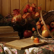 apples, autumn, basket, driers, truck concrete mixer, composition