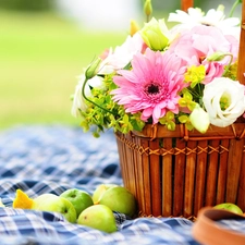 apples, basket, Flowers