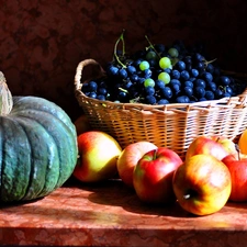 pumpkin, Grapes, apples, basket