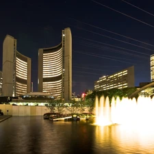 architecture, Night, water, fountain, Toronto