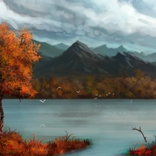 lake, trees, autumn, Mountains