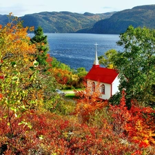 Mountains, church, autumn, lake