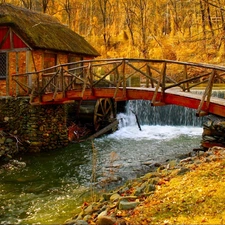 River, bridges, autumn, waterfall