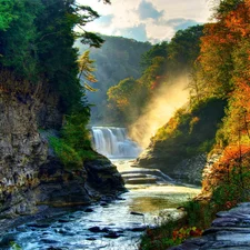 rocks, River, autumn, waterfall