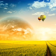 west, field, Balloons, sun