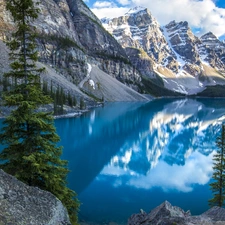 Mountains, Canada, Moraine Lake, lake, trees, reflection, clouds, Banff National Park, Alberta, viewes, forest